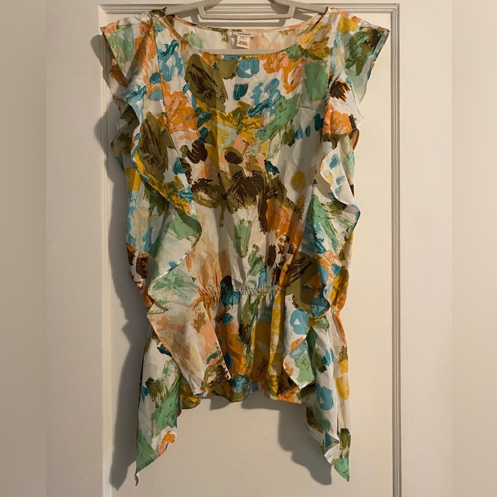 Sundance 100% Silk Ruffle Sleeve Blouse Multicolor Paint Size XL